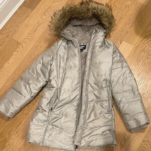 Lands' End Silver Kids Puffer Jacket with Faux Fur Hood
